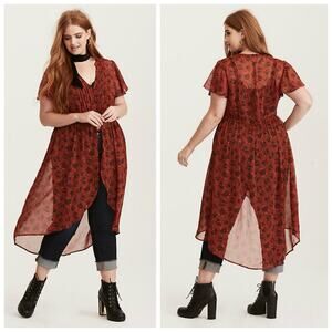 Torrid Floral Pintuck Pleating Chiffon Split Maxi Top Blouse Shirt Size: 0X (12)